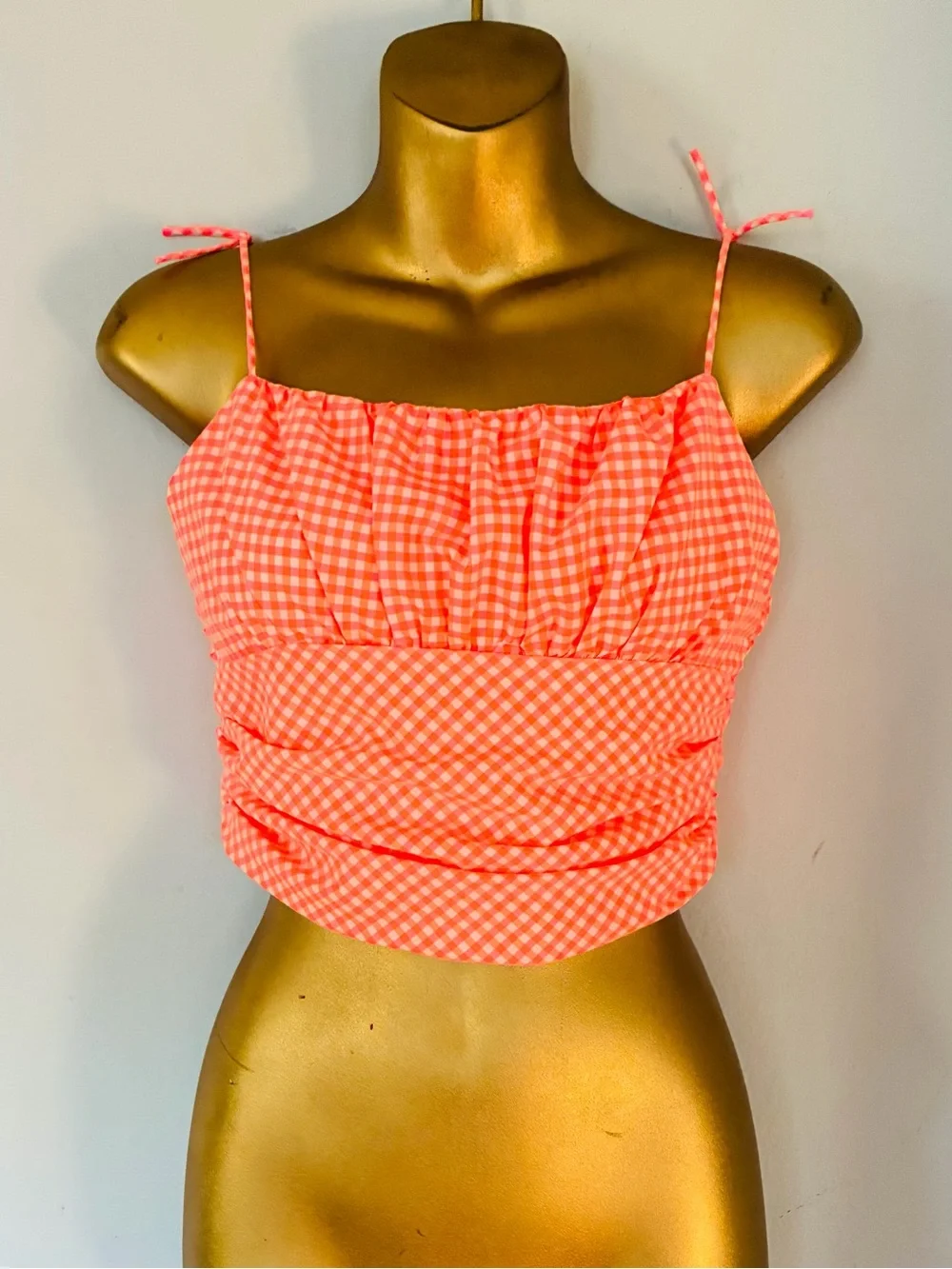 Zara Gingham Ruched Crop Top Orange Pink Smocked Tie Strap Y2K Size M